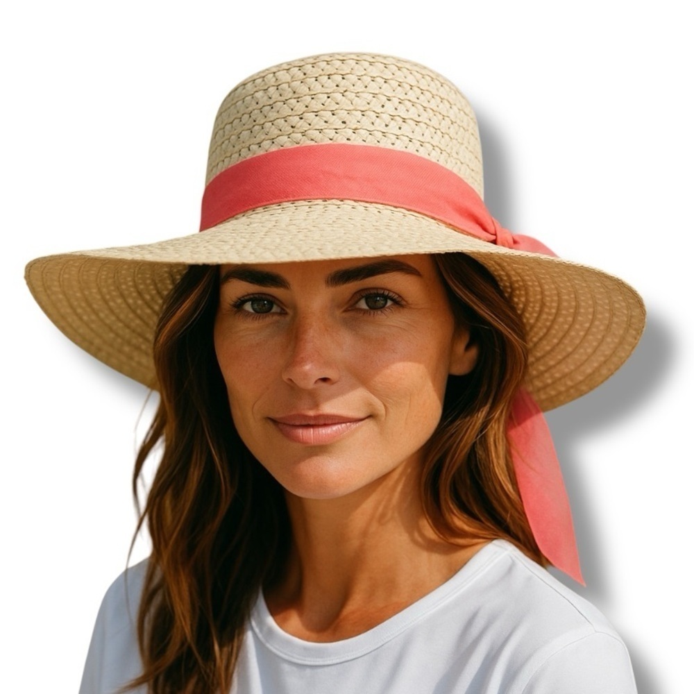 Straw Sun Beach Hat with Wide Brim Boho Chic Pink Coral Ribbon Bow Women OS - Picture 16 of 16